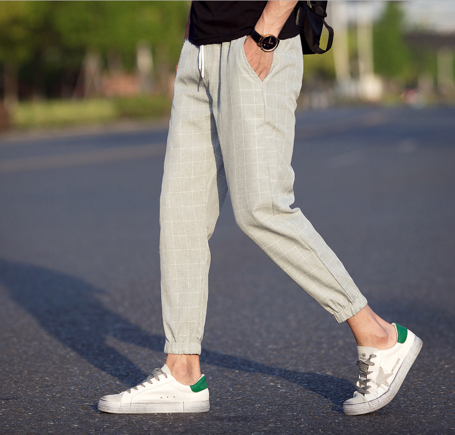 Fashion Casual Ankle-Length Plaid Pants Men Trousers Streetwear